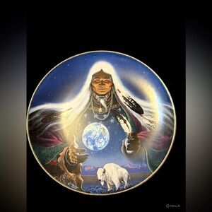 Native Elder Art Decorative Collector Plate - Blue & White